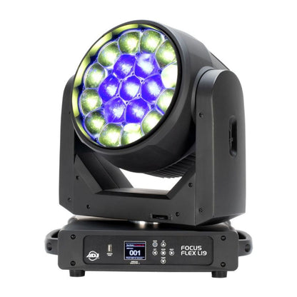 Front view of ADJ FOC747 Focus Flex L19 RGBL LED Moving Head with yellow and blue lights on white background