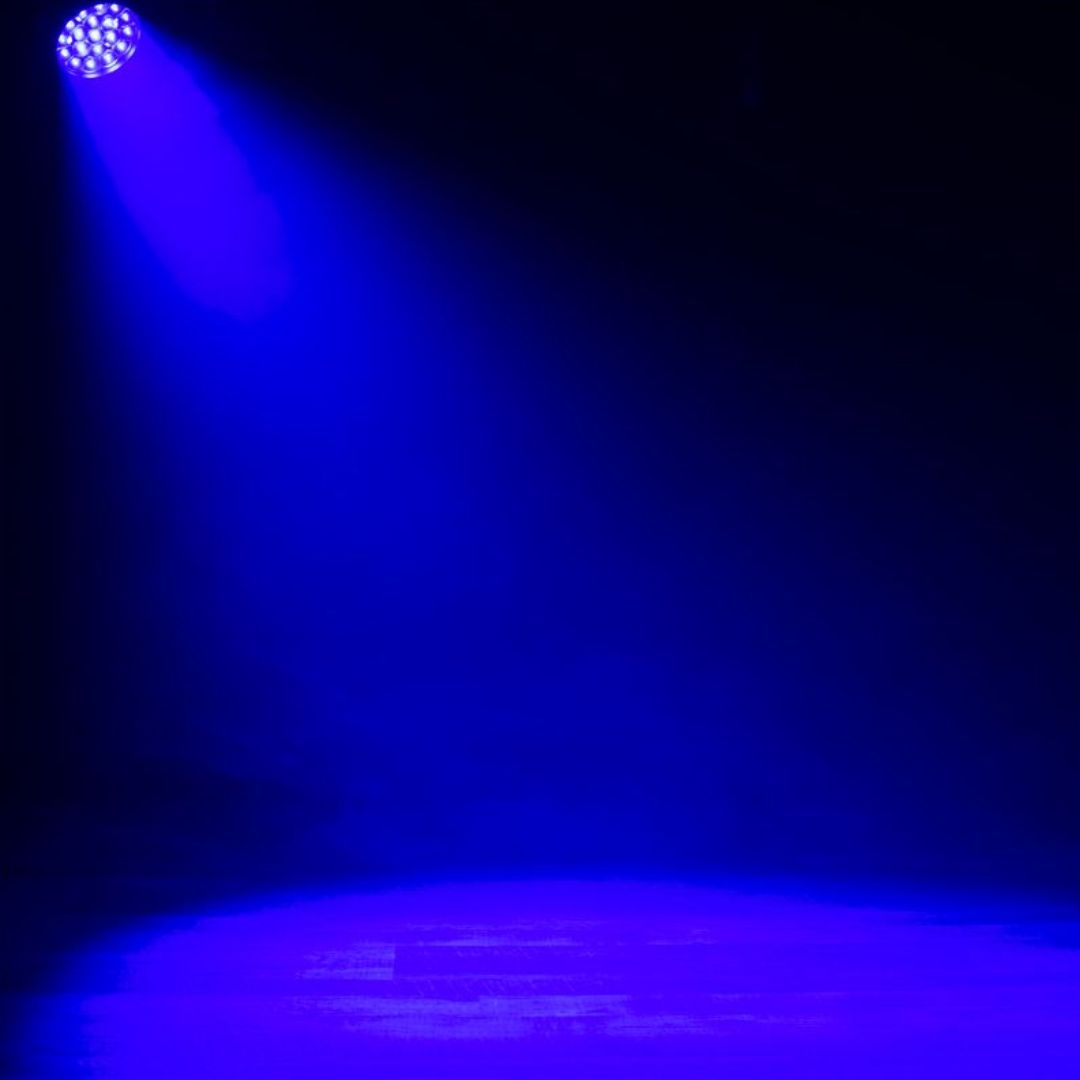 Hanging ADJ FOC747 Focus Flex L19 RGBL LED Moving Head beaming blue light in dark room