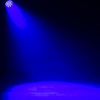 Hanging ADJ FOC747 Focus Flex L19 RGBL LED Moving Head beaming blue light in dark room