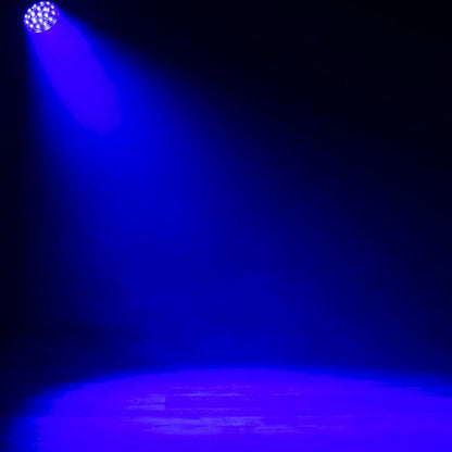 Hanging ADJ FOC747 Focus Flex L19 RGBL LED Moving Head beaming blue light in dark room