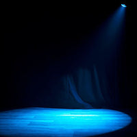 ADJ FOC750 Focus Spot 7Z 7-Color LED Moving Head beaming blue light downwards in dark room