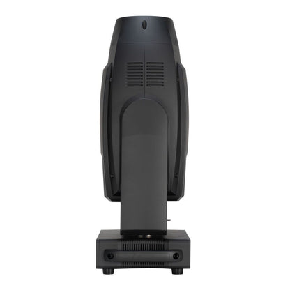 Side view of ADJ FOC750 Focus Spot 7Z 7-Color LED Moving Head pointing up on white background