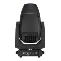 Front view of ADJ FOC750 Focus Spot 7Z 7-Color LED Moving Head with head pointing up on white background