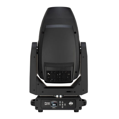 Front view of ADJ FOC750 Focus Spot 7Z 7-Color LED Moving Head with head pointing up on white background