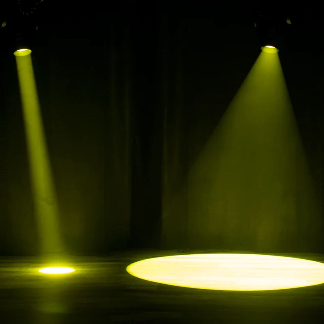 Two ADJ FOC858 Focus Profile 400W LED Moving Heads beaming yellow light downwards in dark room