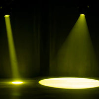 Two ADJ FOC858 Focus Profile 400W LED Moving Heads beaming yellow light downwards in dark room