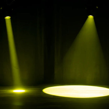 Two ADJ FOC858 Focus Profile 400W LED Moving Heads beaming yellow light downwards in dark room