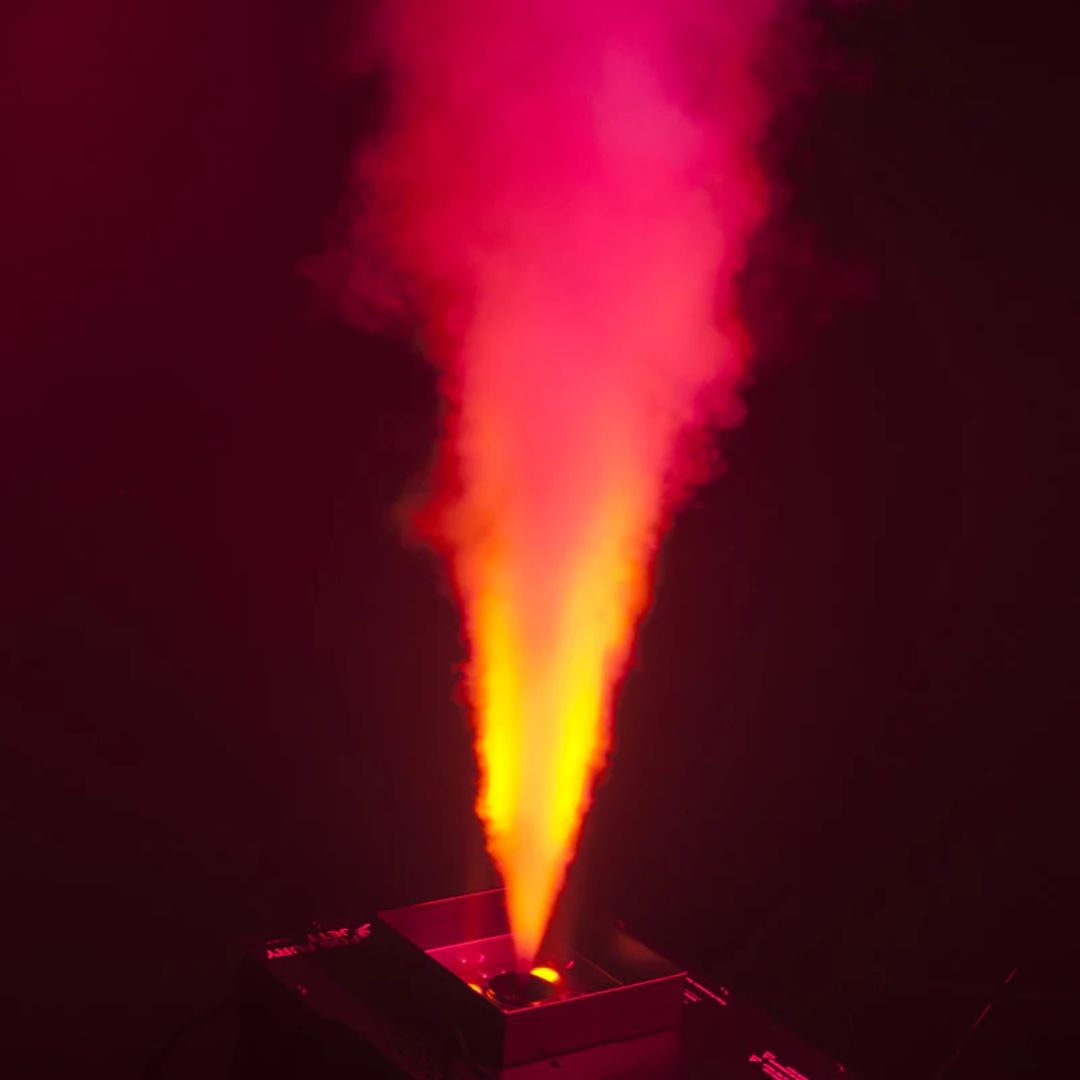 ADJ Fog Fury Jett Vertical Fog Machine blowing fog upward with red light in dark venue