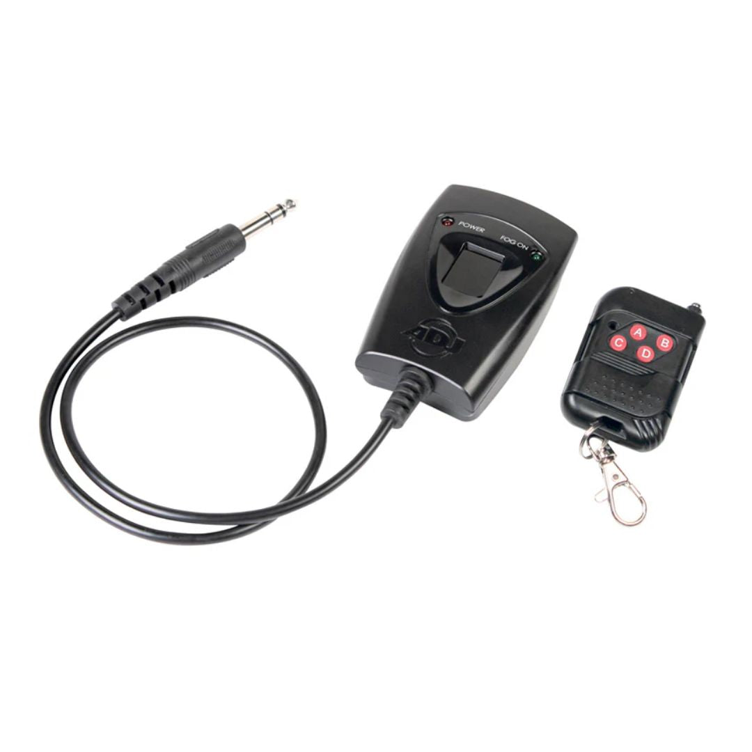 Included wireless remote with ADJ Fog Fury Jett Vertical Fog Machine on white background