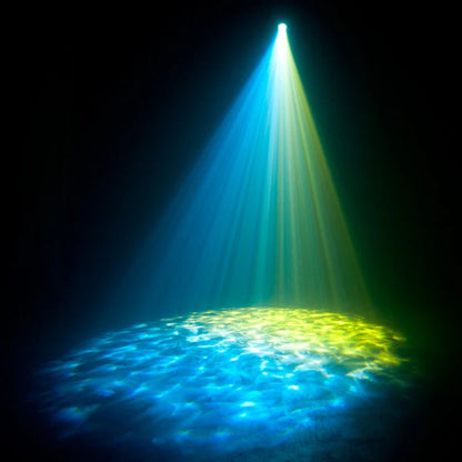Hanging ADJ H2O IR 12W LED Simulated Water-Flowing Effect beaming blue and yellow light downard in dark venue