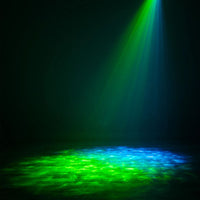 Hanging ADJ H2O Two Lighting Fixture beaming blue and green light downward in dim venue