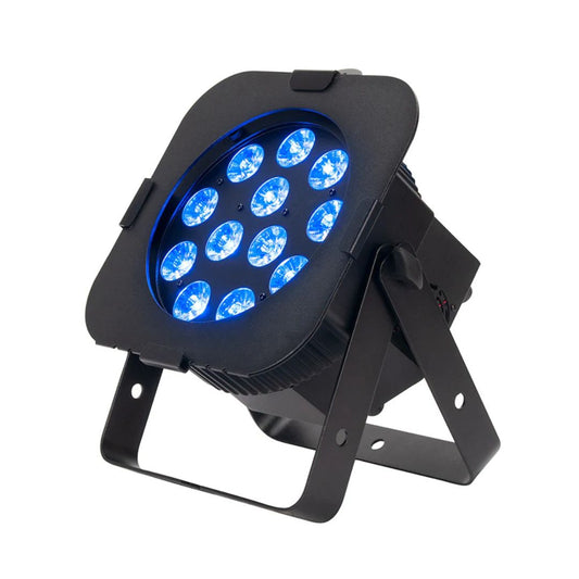 Angled front view of ADJ HEX410 12PX HEX RGBAW+UV LED Par with blue lights on white background