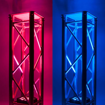 Two ADJ HEX410 12PX HEX RGBAW+UV LED Pars beaming blue and red lights inside metal fixtures