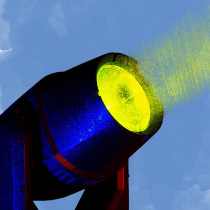 Close up view of ADJ HYD120 Hydro Beam X12 Professional IP65 Moving Head beaming yellow light on blue background