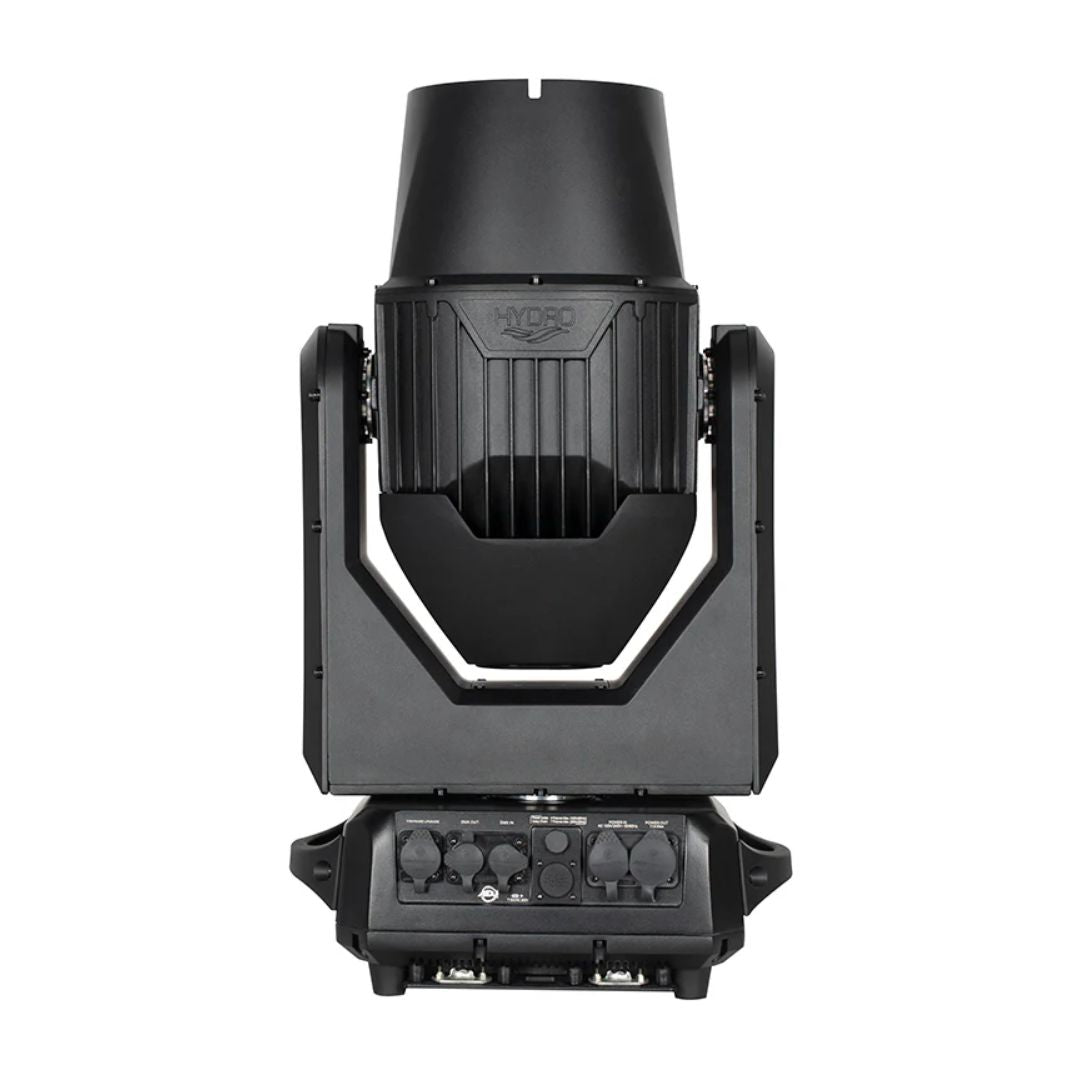Rear view of ADJ HYD120 Hydro Beam X12 Professional IP65 Moving Head with closed ports on white background