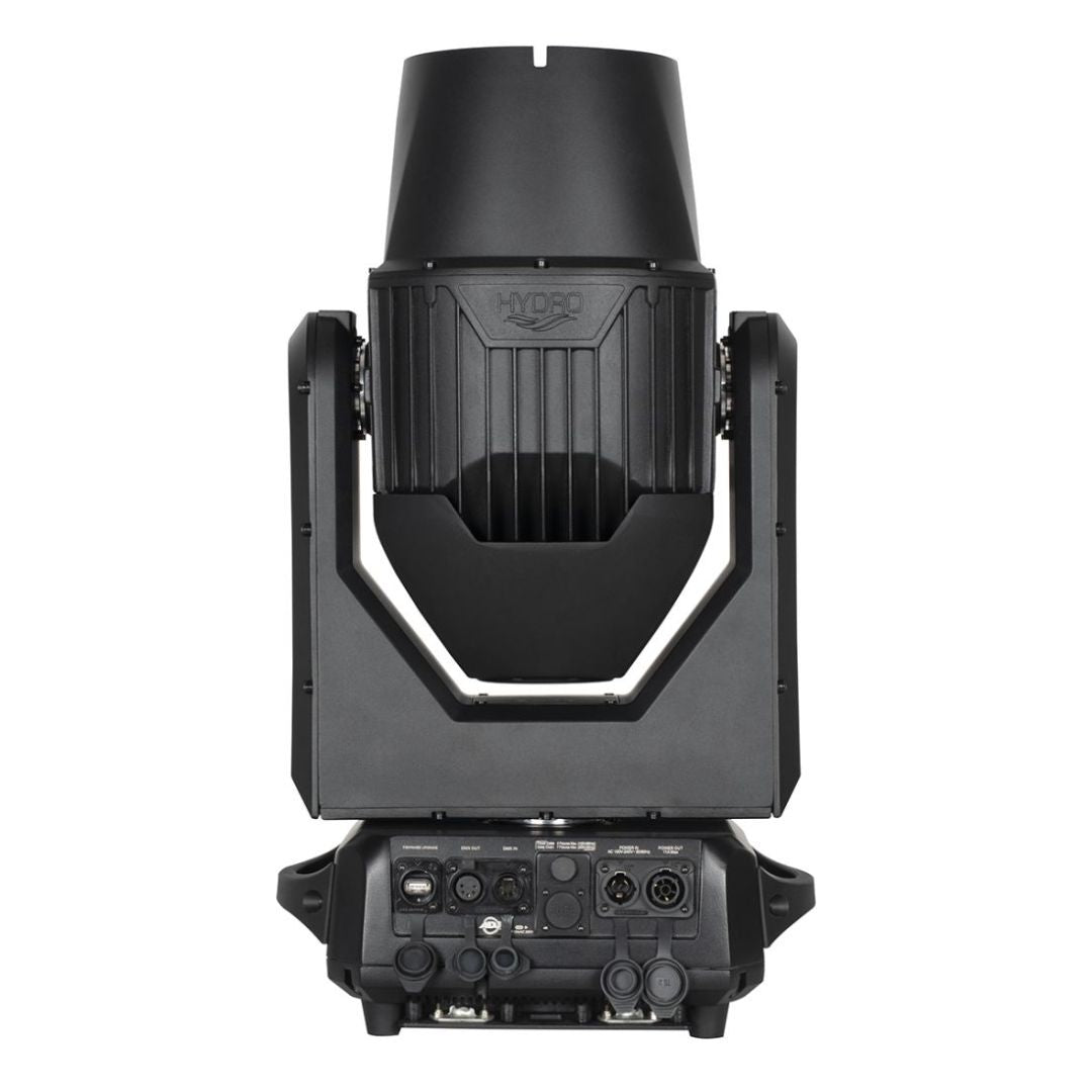 Rear view of ADJ HYD120 Hydro Beam X12 Professional IP65 Moving Head with open ports on white background