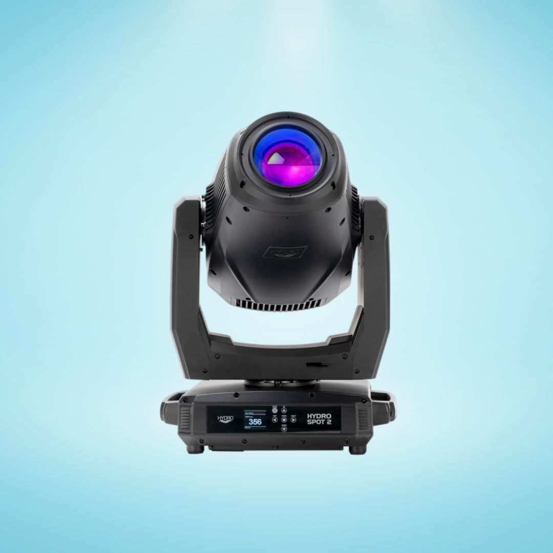 Front view of ADJ HYD320 Hydro Spot 2 IP65-Rated LED Moving Head on blue background