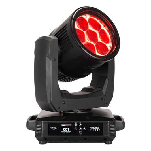 Front view of ADJ HYD333 Hydro Flex L7 420W Moving Head Wash Fixture with red light on white background