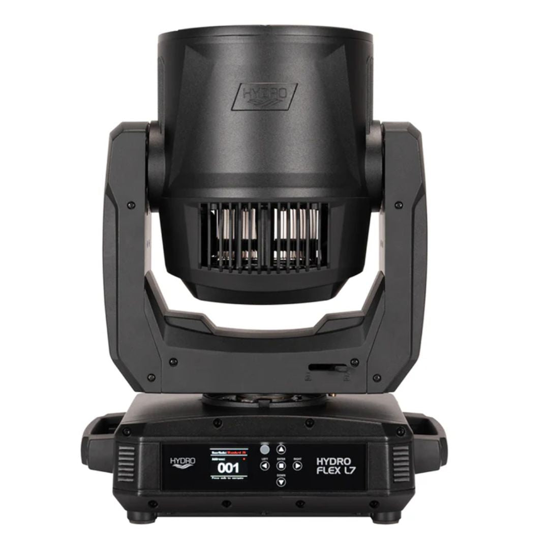 Front view of ADJ HYD333 Hydro Flex L7 420W Moving Head Wash Fixture with head pointing up on white background