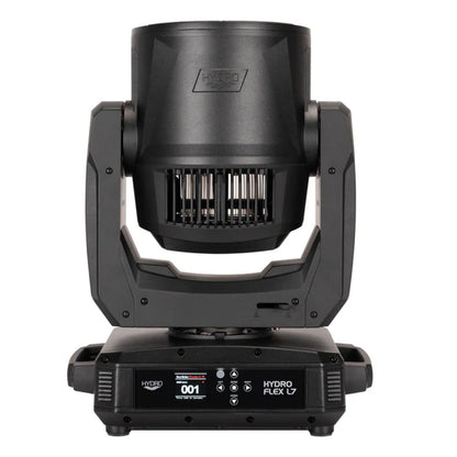 Front view of ADJ HYD333 Hydro Flex L7 420W Moving Head Wash Fixture with head pointing up on white background