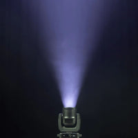 Front view of ADJ HYD333 Hydro Flex L7 420W Moving Head Wash Fixture beaming white light upwards in dark room