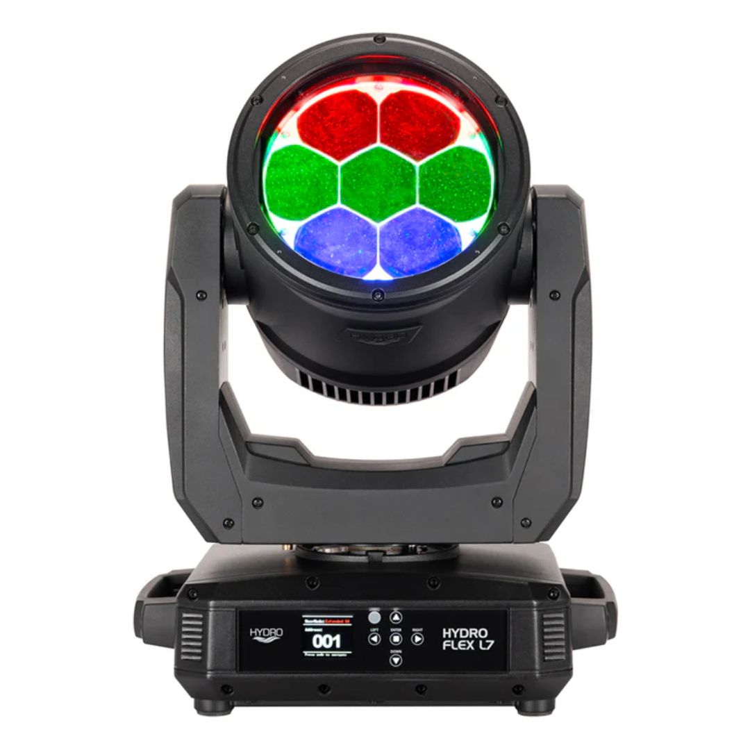 Front view of ADJ HYD333 Hydro Flex L7 420W Moving Head Wash Fixture with red, green, and blue lights on white background