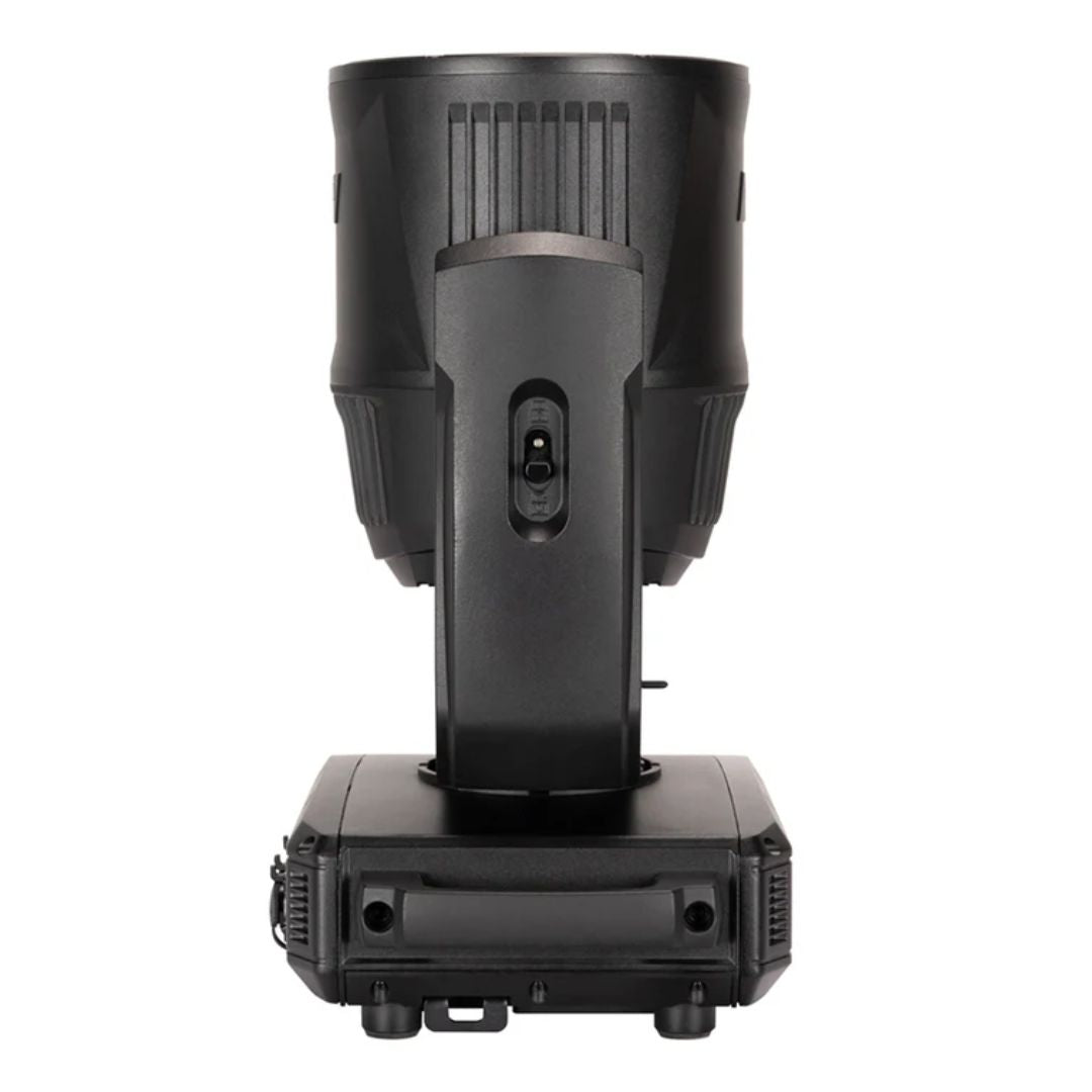 Side view of ADJ HYD333 Hydro Flex L7 420W Moving Head Wash Fixture with head pointing up on white background