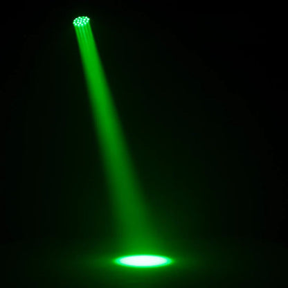 Hanging ADJ HYD346 Hydro Flex L19 LED Moving Head Wash Light beaming green light downward in dark room
