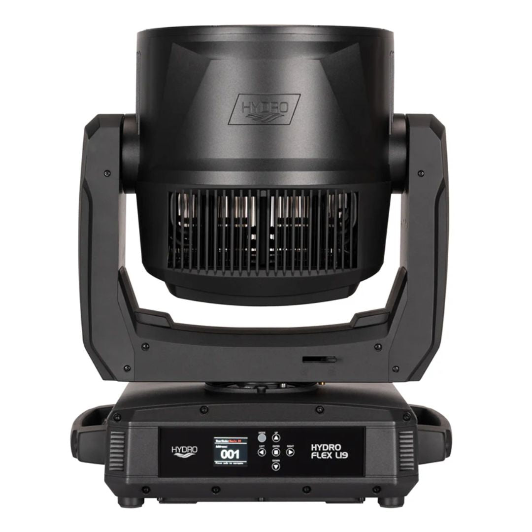 Front view of ADJ HYD346 Hydro Flex L19 LED Moving Head Wash Light with head pointing up on white background