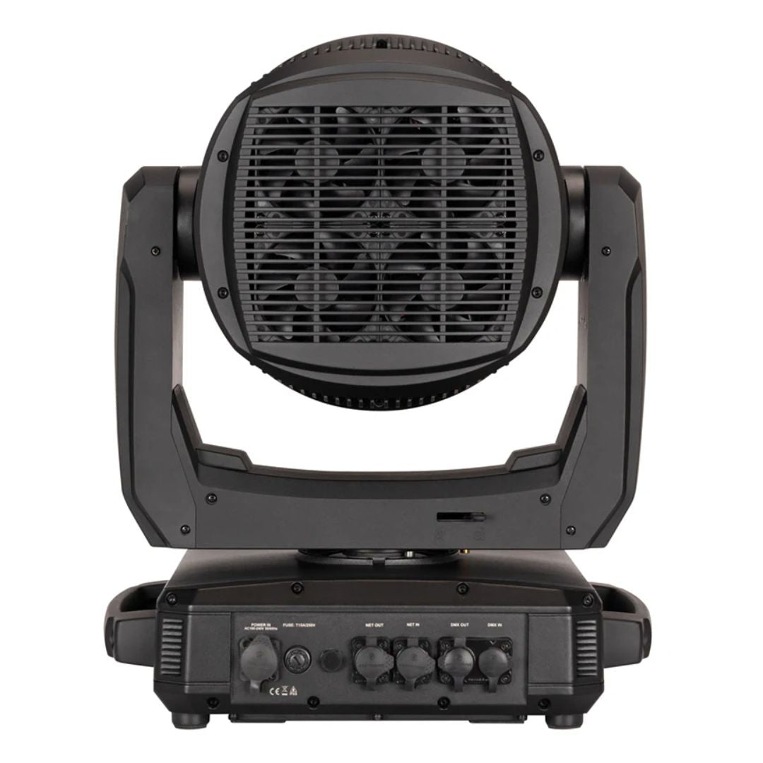 Rear view of ADJ HYD346 Hydro Flex L19 LED Moving Head Wash Light with closed ports on white background