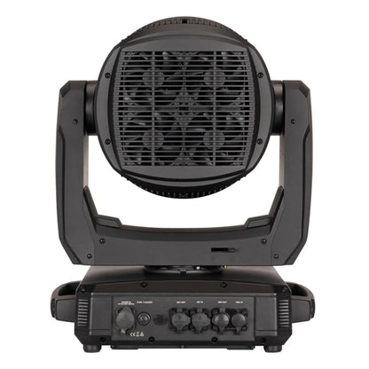 Rear view of ADJ HYD346 Hydro Flex L19 LED Moving Head Wash Light with closed ports on white background
