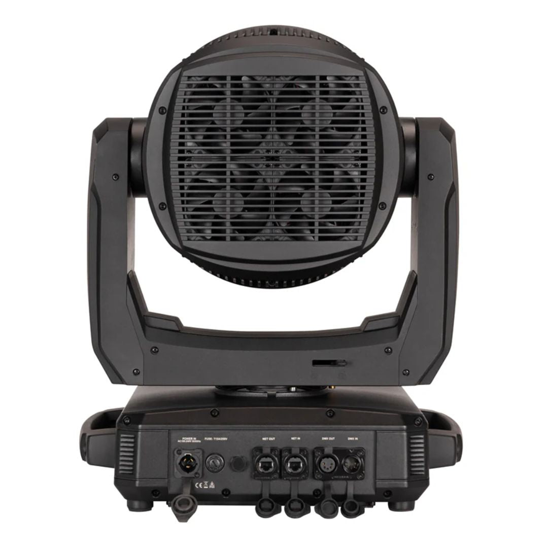 Rear view of ADJ HYD346 Hydro Flex L19 LED Moving Head Wash Light with open ports on white background