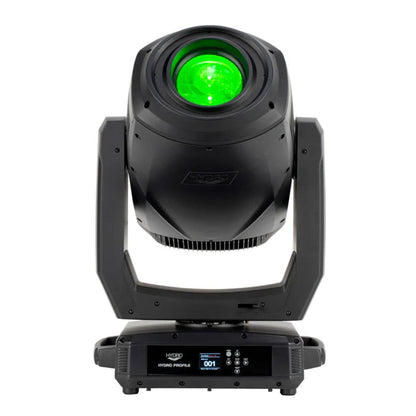 Front view of ADJ HYD580 Hydro Profile 660W LED IP65 Moving Head with green light on white background