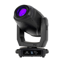 Front view of ADJ HYD580 Hydro Profile 660W LED IP65 Moving Head with blue light on white background