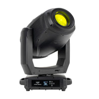 Front view of ADJ HYD580 Hydro Profile 660W LED IP65 Moving Head with yellow light on white background