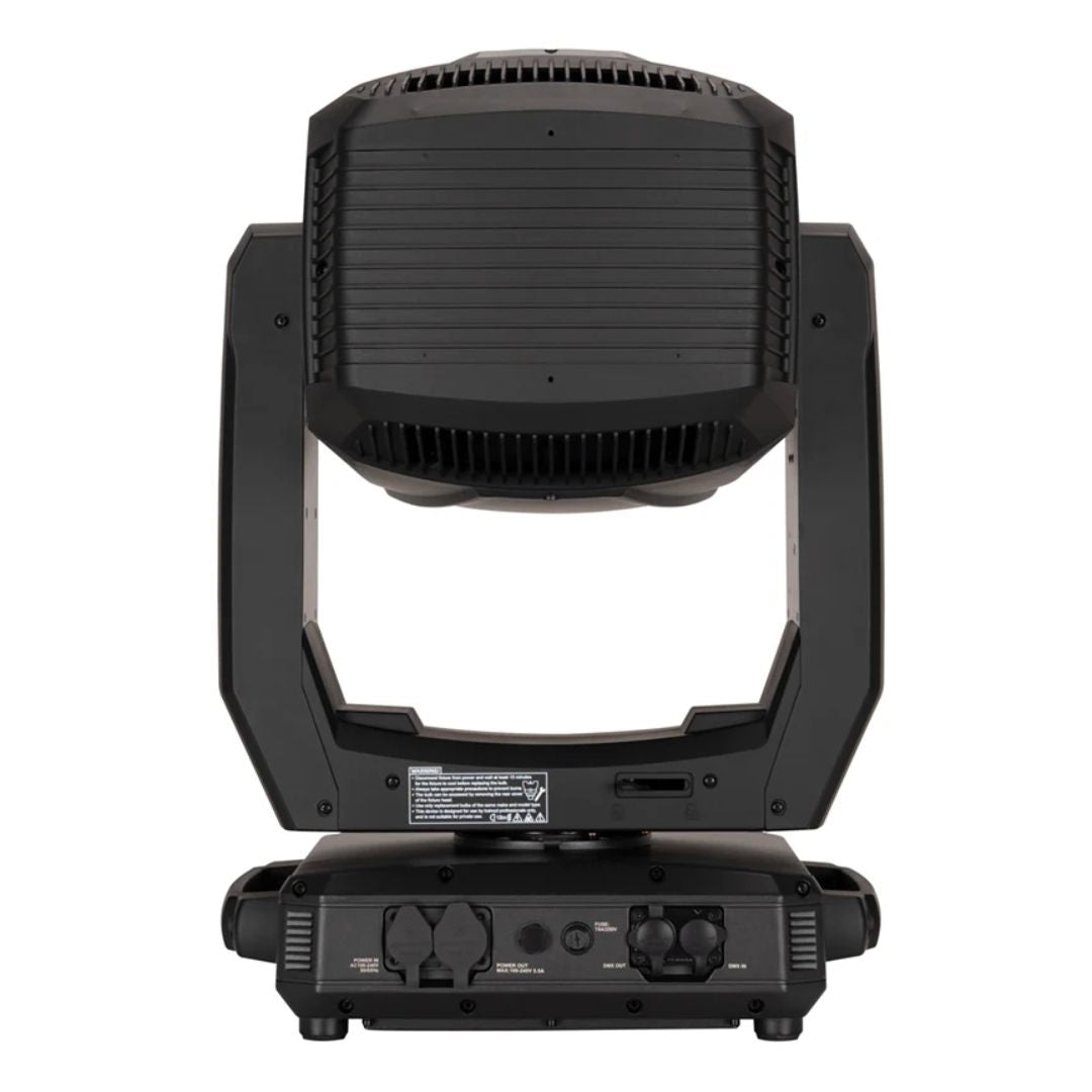 Rear view of ADJ HYD869 Hydro Hybrid IP65-Rated LED Moving Head with ports closed on white background