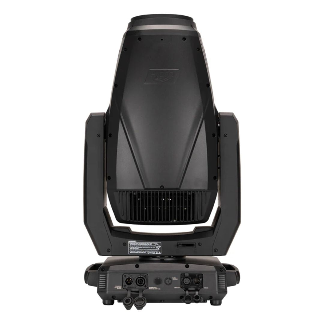 Rear view of ADJ HYD869 Hydro Hybrid IP65-Rated LED Moving Head with ports open and head tilted up on white background