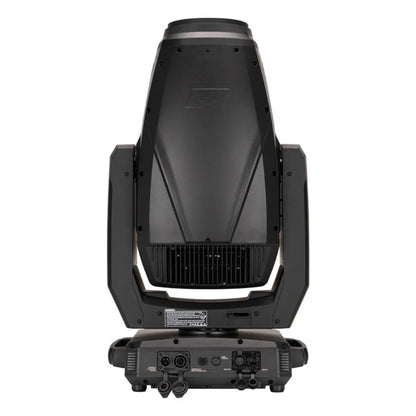 Rear view of ADJ HYD869 Hydro Hybrid IP65-Rated LED Moving Head with ports open and head tilted up on white background