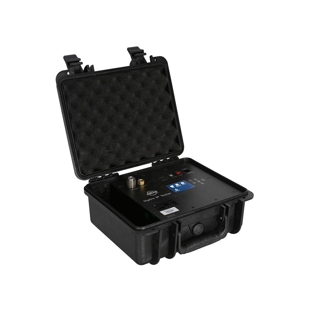 Angled front view of ADJ Hydro IP Tester with open lid on white background