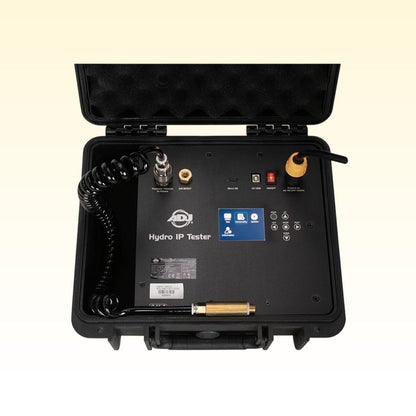 Top view of ADJ Hydro IP Tester with open lid on yellow background
