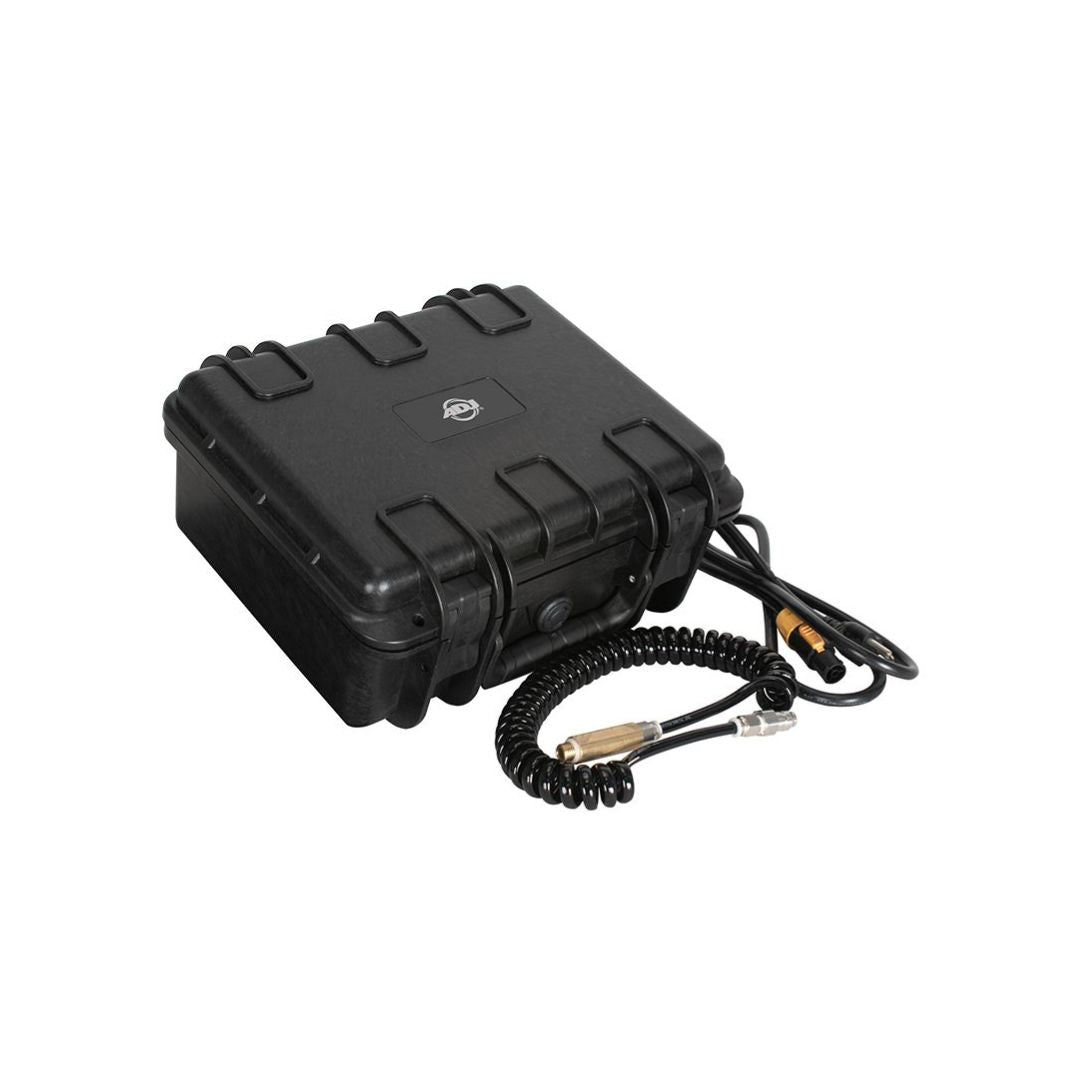 Angled front view of ADJ Hydro IP Tester with closed lid and included cables beside it on white background