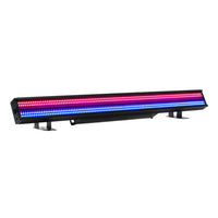 Front view of ADJ JOL286 Jolt Bar FX2 with blue and pink lights on white background