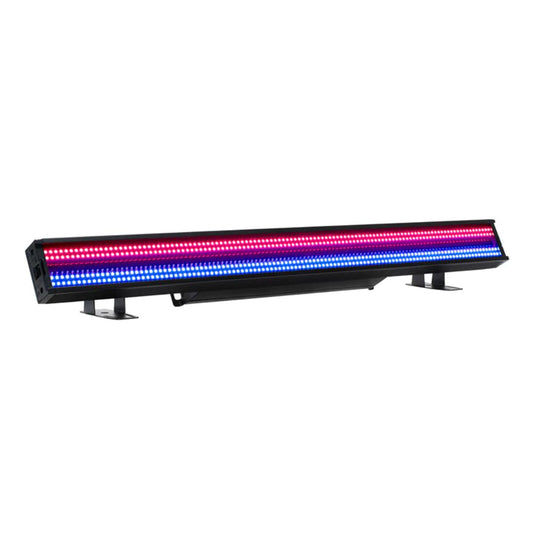 Front view of ADJ JOL286 Jolt Bar FX2 with blue and pink lights on white background