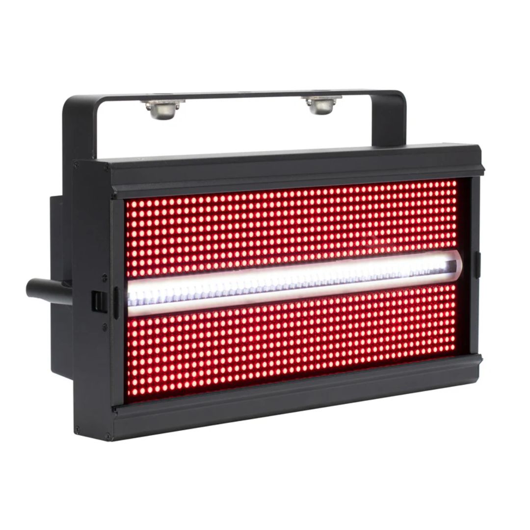 Angled front view of ADJ JOL299 Jolt Panel FX2 with red and white light on white background 