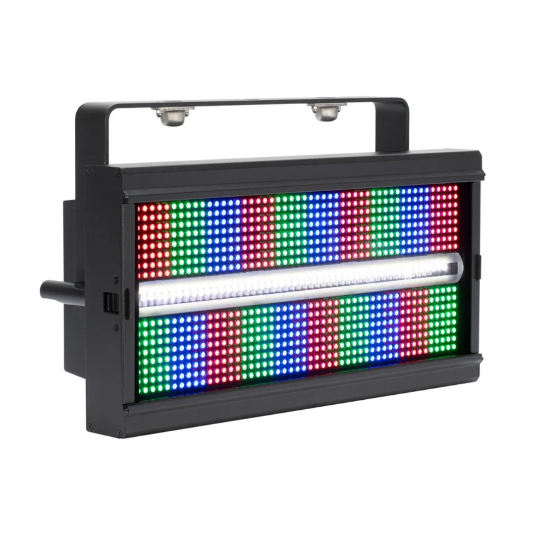 Angled front view of ADJ JOL299 Jolt Panel FX2 with red, green, blue, and white lights on white background 