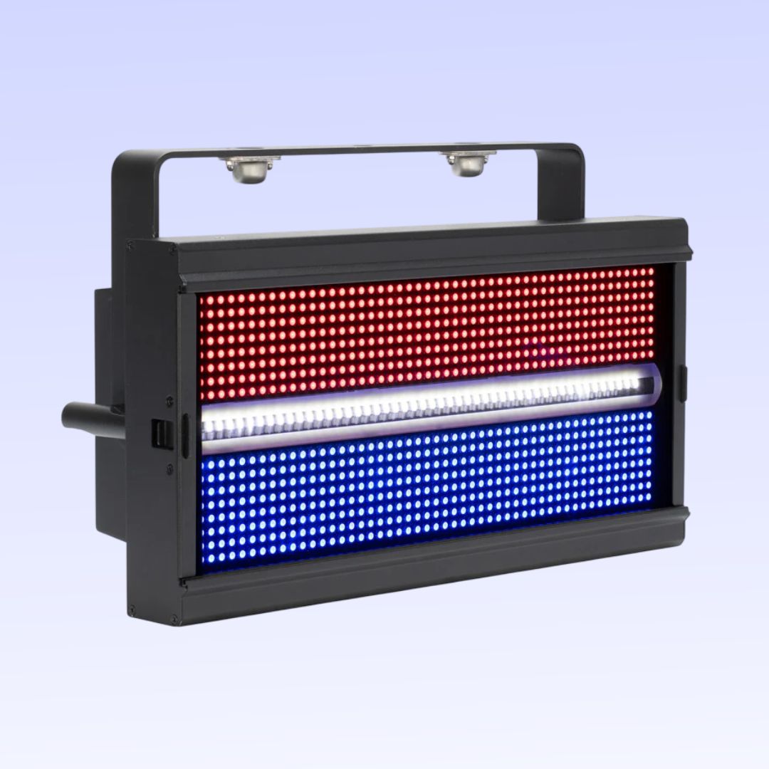 Angled front view of ADJ JOL299 Jolt Panel FX2 with red, blue, and white lights on purple background 