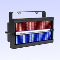 Angled front view of ADJ JOL299 Jolt Panel FX2 with red, blue, and white lights on purple background 
