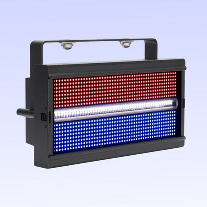 Angled front view of ADJ JOL299 Jolt Panel FX2 with red, blue, and white lights on purple background 