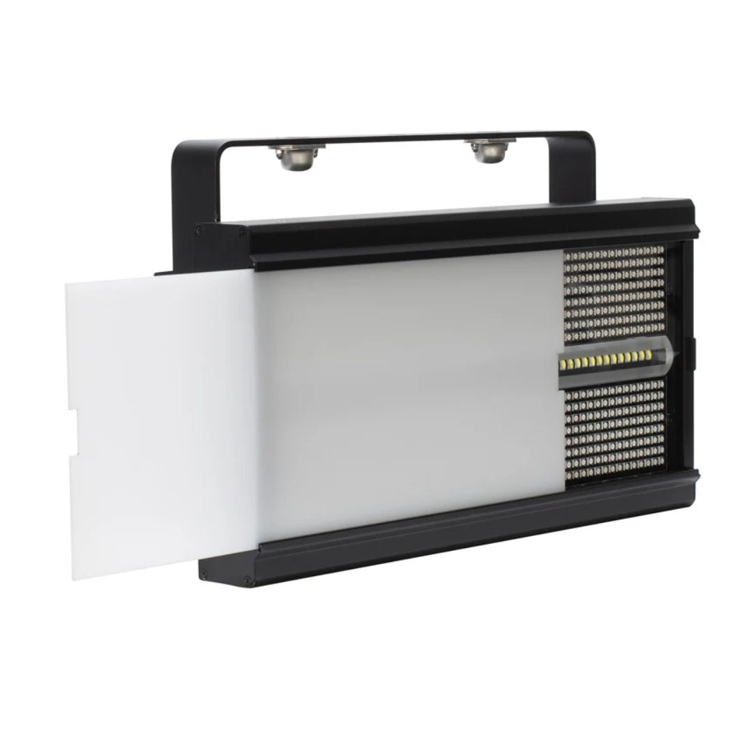 Angled front view of ADJ JOL299 Jolt Panel FX2 with frost filter inserted halfway on white background 