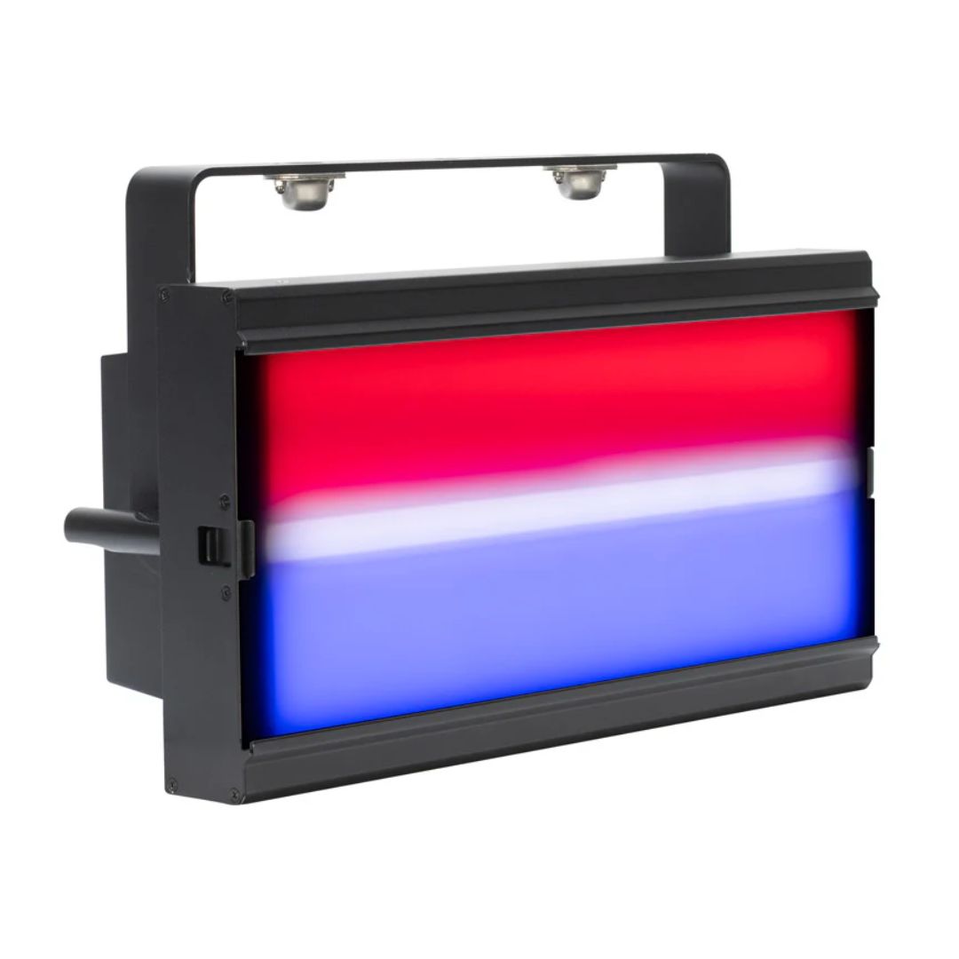 Angled front view of ADJ JOL299 Jolt Panel FX2 with frost filter attached beaming red, white, and blue lights on white background 